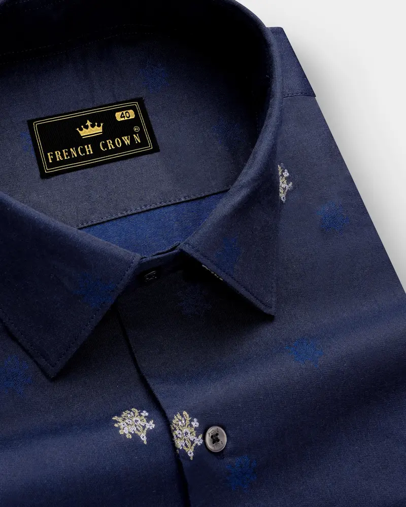 Royale-Vulcan Blue Floral Butta Jacquard Textured Premium Cotton Dress Shirt 1