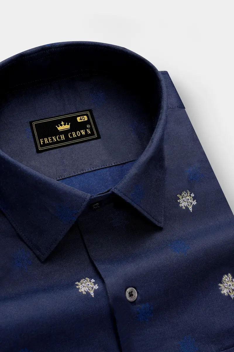 Royale-Vulcan Blue Floral Butta Jacquard Textured Premium Cotton Dress Shirt 2