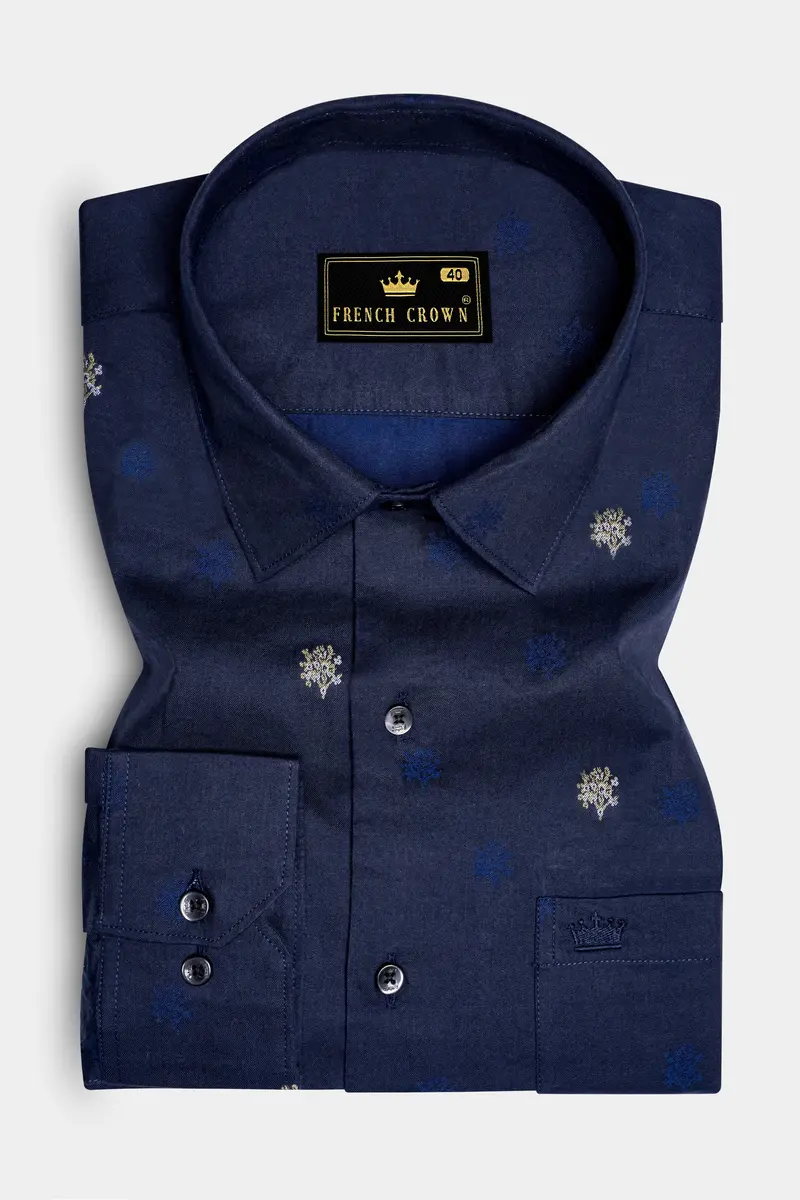 Royale-Vulcan Blue Floral Butta Jacquard Textured Premium Cotton Dress Shirt 4