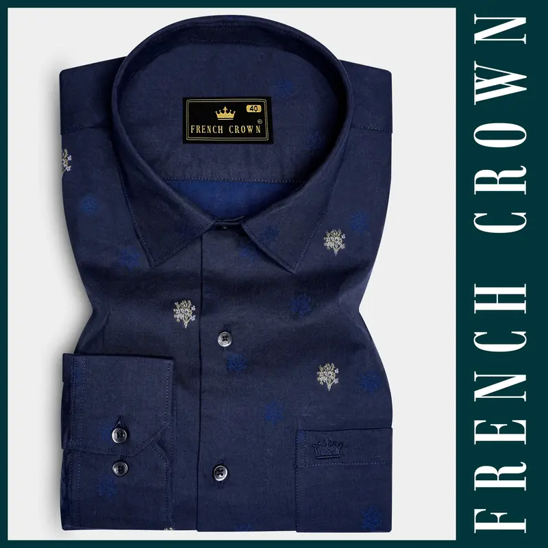 Royale-Vulcan Blue Floral Butta Jacquard Textured Premium Cotton Dress Shirt 6