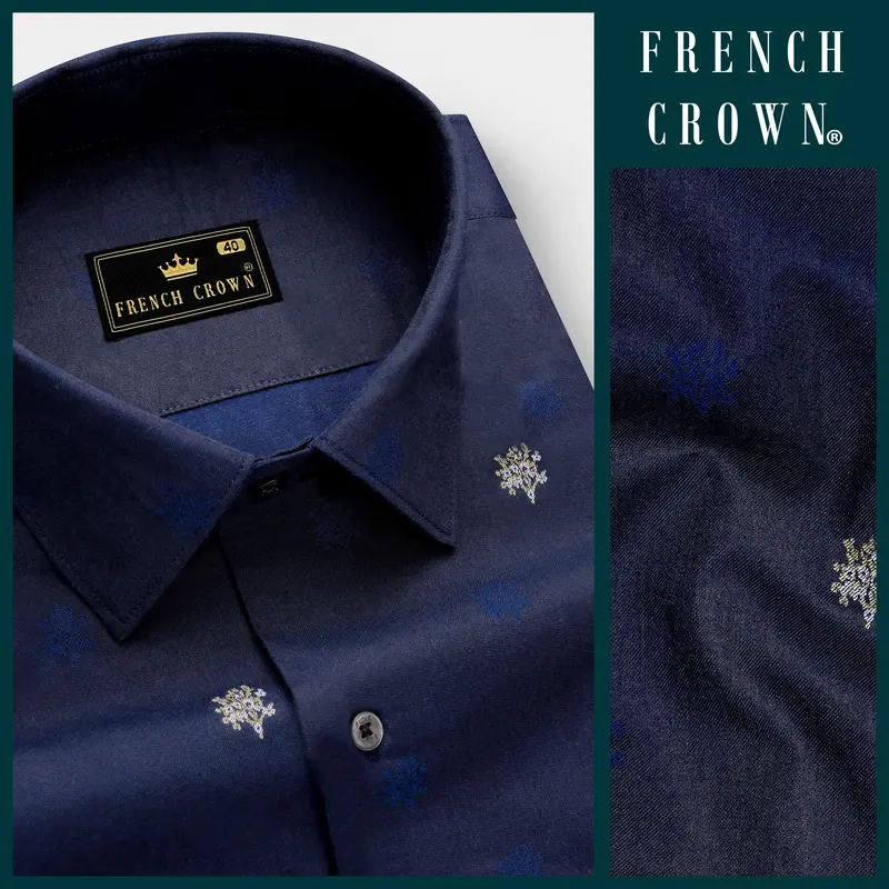 Royale-Vulcan Blue Floral Butta Jacquard Textured Premium Cotton Dress Shirt 8