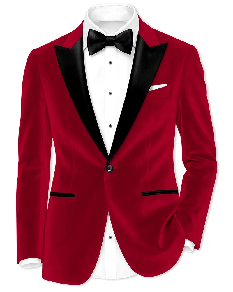 Rubivell-Carmine Red Velvet Peak Lapel Tuxedo Blazer 1