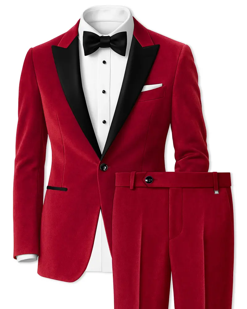 Rubivell-Carmine Red Velvet Peak Lapel Tuxedo Suit 1