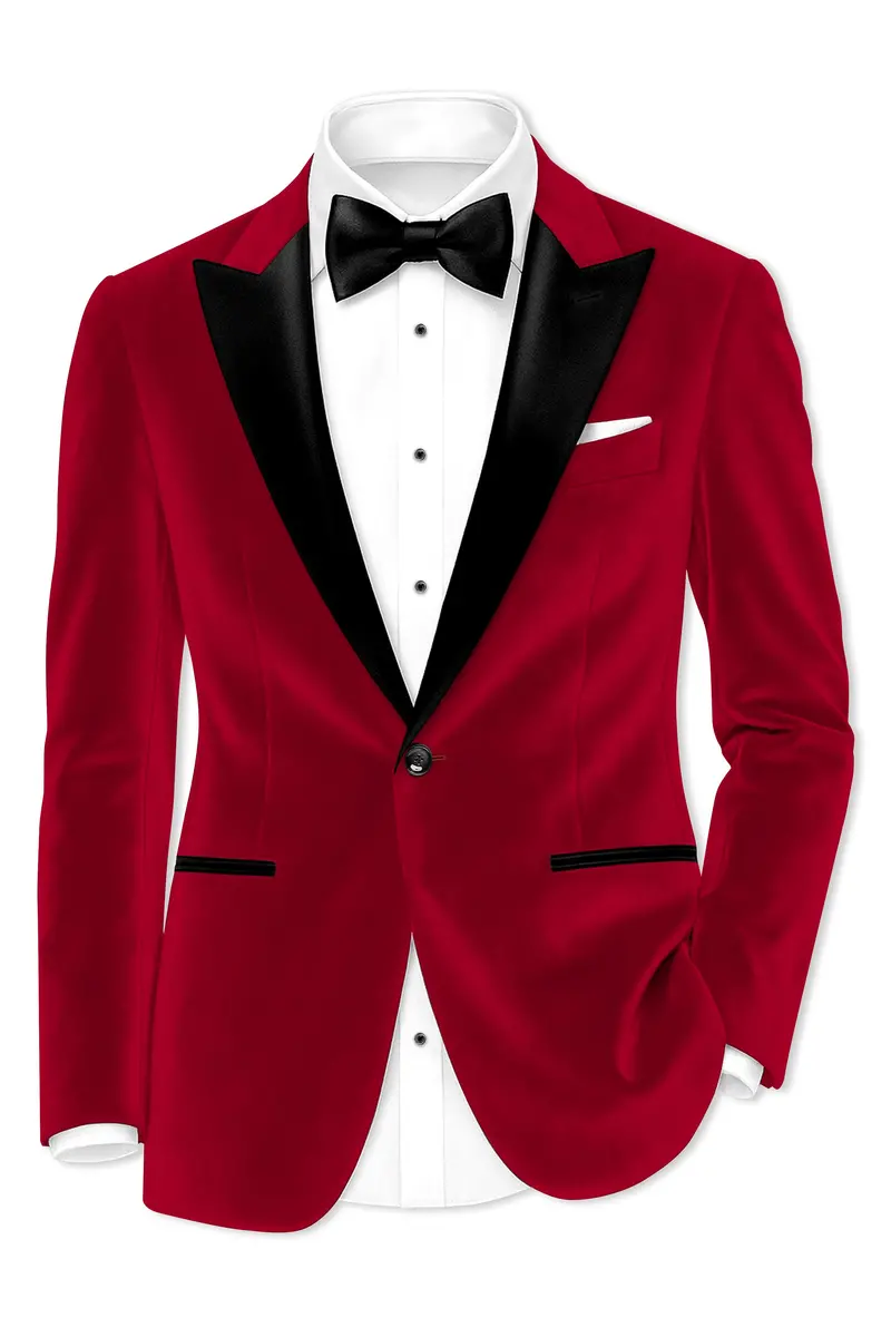 Rubivell-Carmine Red Velvet Peak Lapel Tuxedo Suit 10
