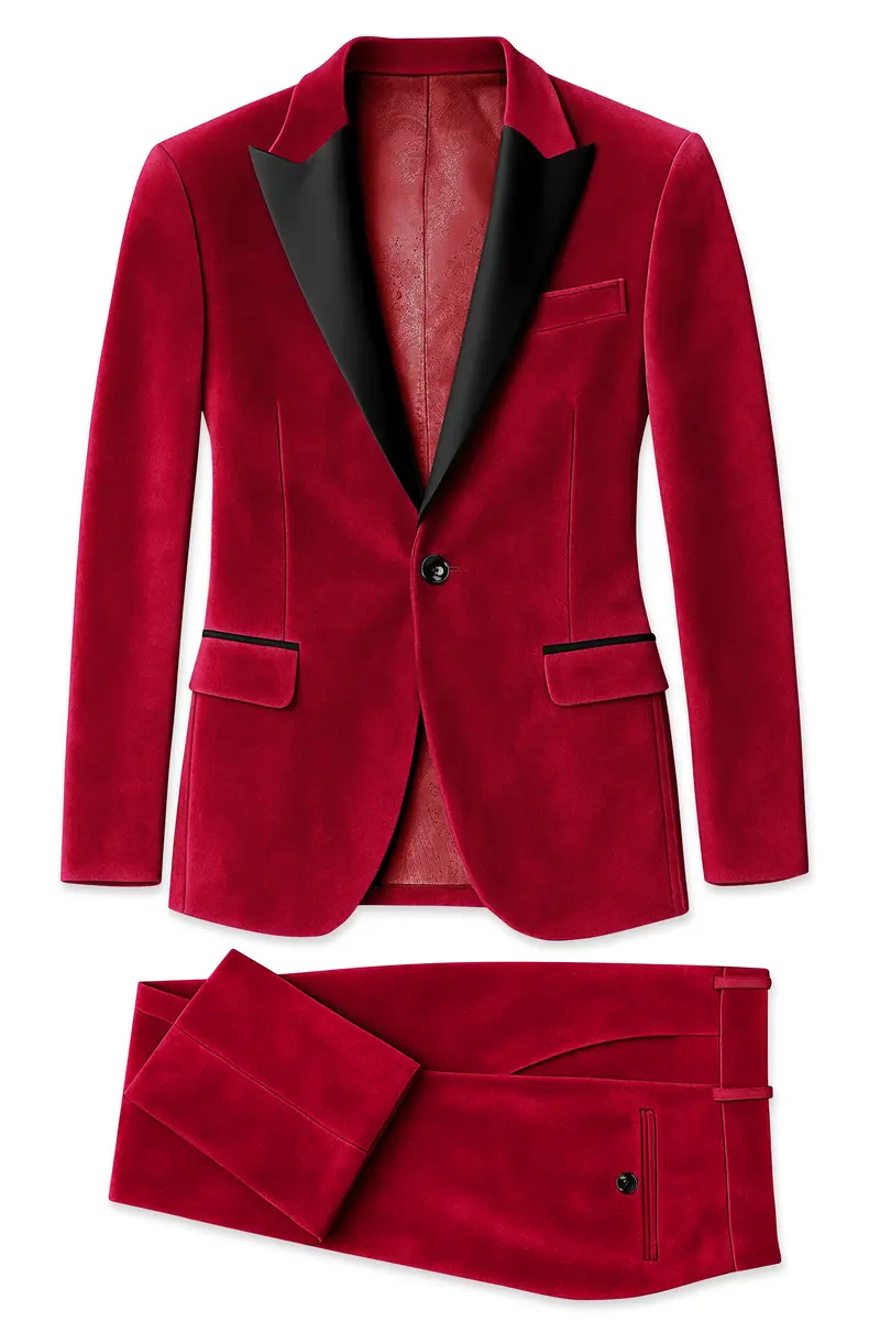 Rubivell-Carmine Red Velvet Peak Lapel Tuxedo Suit 11