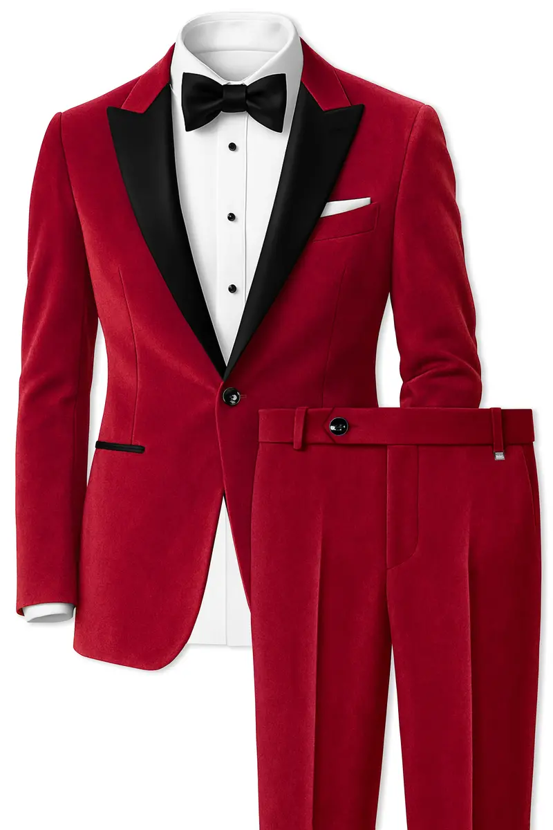 Rubivell-Carmine Red Velvet Peak Lapel Tuxedo Suit 2