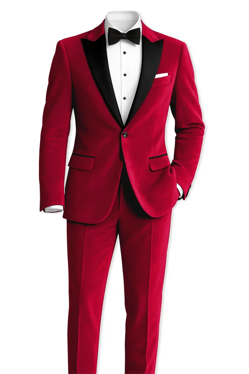 Rubivell-Carmine Red Velvet Peak Lapel Tuxedo Suit 4