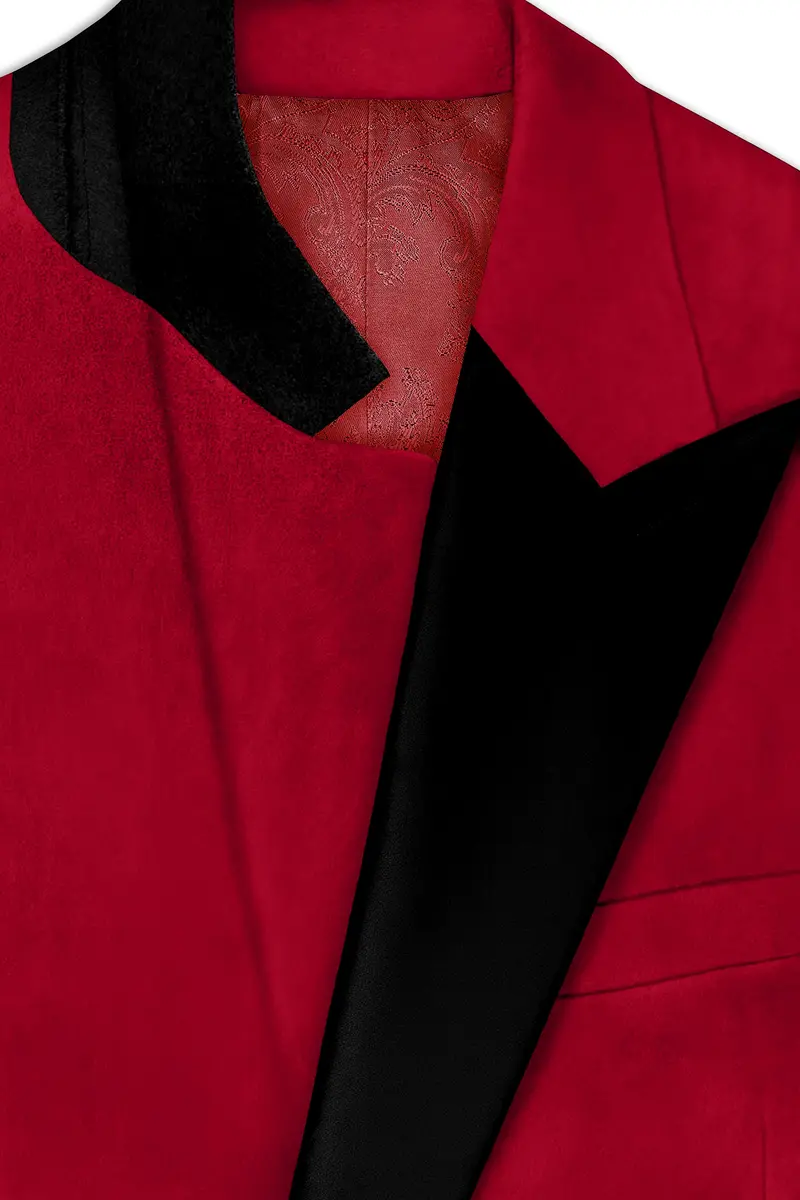 Rubivell-Carmine Red Velvet Peak Lapel Tuxedo Suit 5