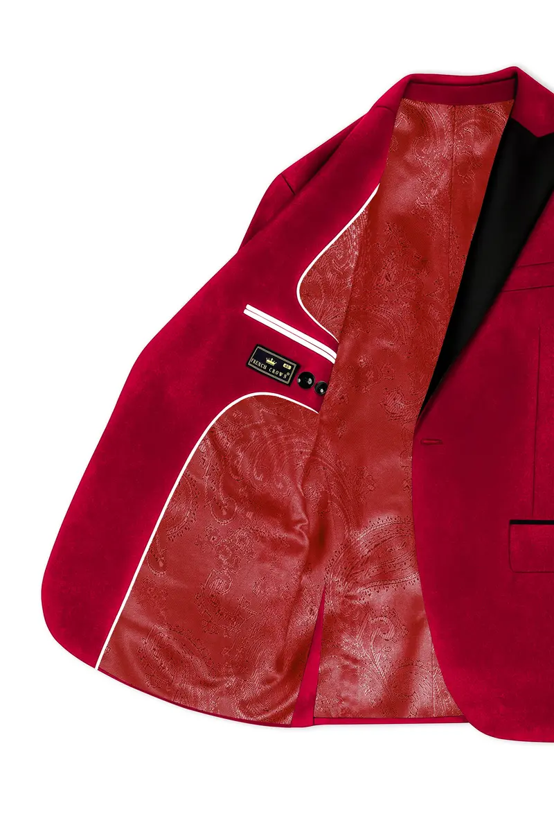 Rubivell-Carmine Red Velvet Peak Lapel Tuxedo Suit 6