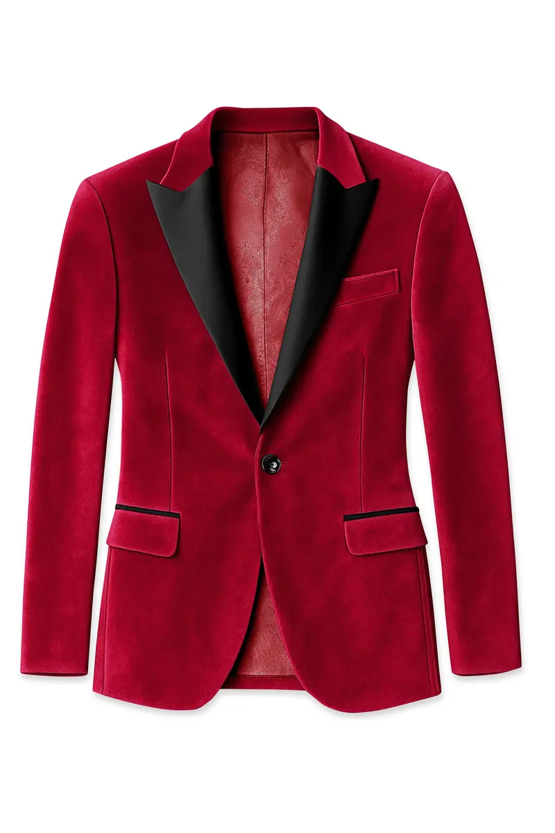Rubivell-Carmine Red Velvet Peak Lapel Tuxedo Suit 8