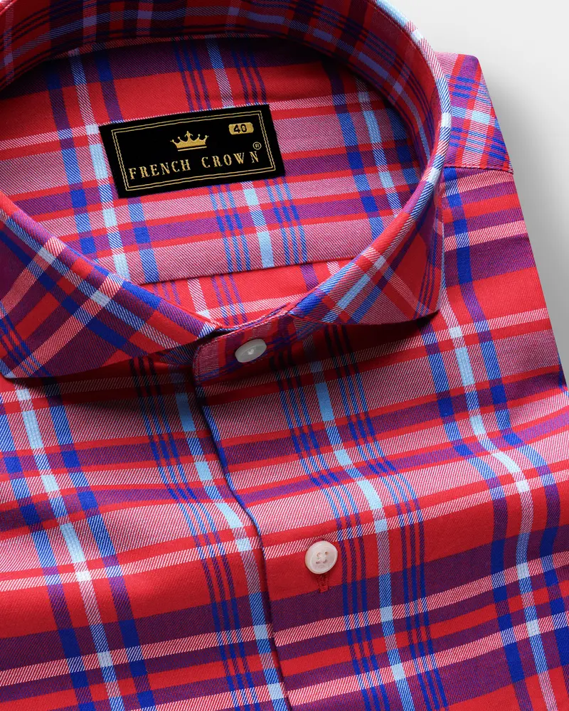Rublen-Shiraz Red And Torea Bay Blue Plaid Twill Premium Cotton Casual Shirt 1