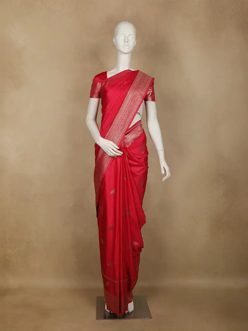 Ruby Pink Bird Design Raw Silk Saree 1