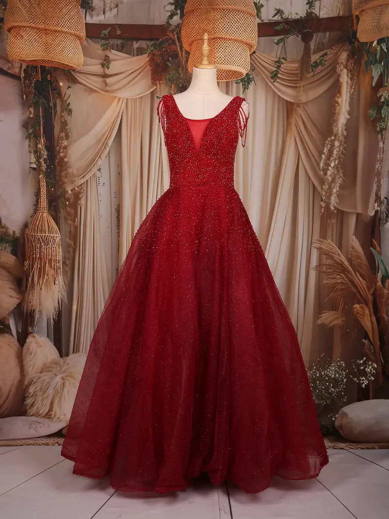 Ruby Red Beaded Net Gown With Deep Neck 1