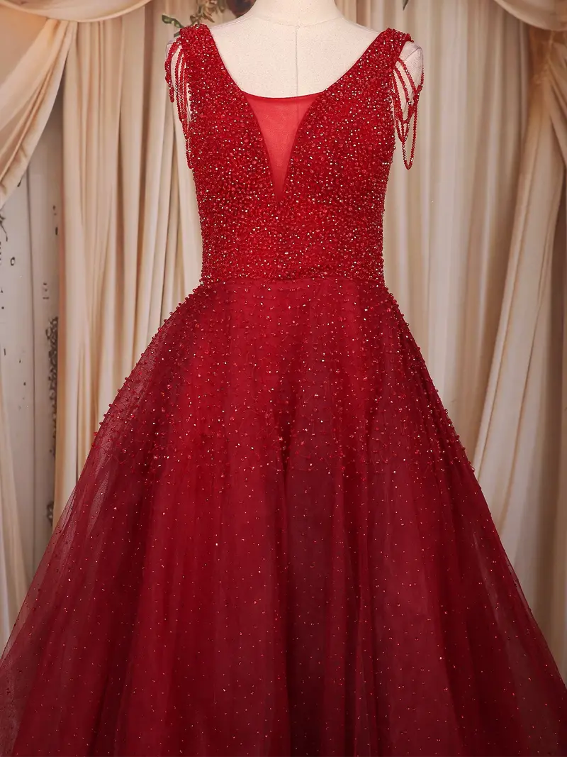 Ruby Red Beaded Net Gown With Deep Neck 2