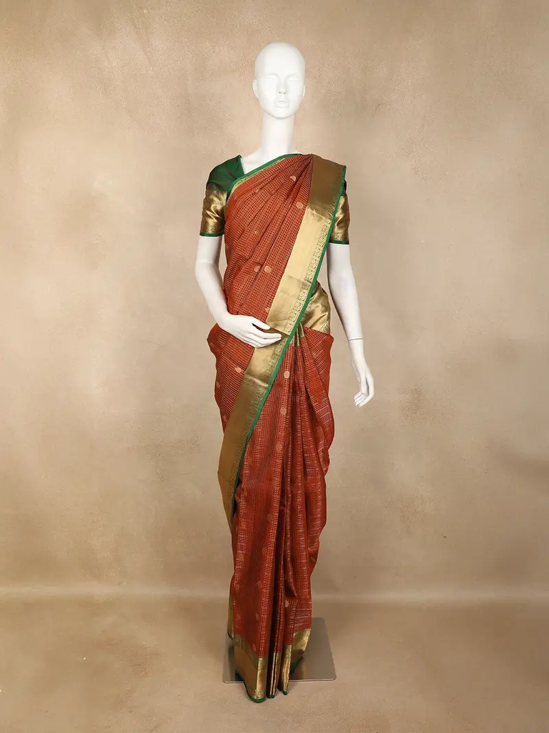 Rust Brown Checked Woven Design Kanchipuram Silk Saree With Contrast Green Zari Border 1