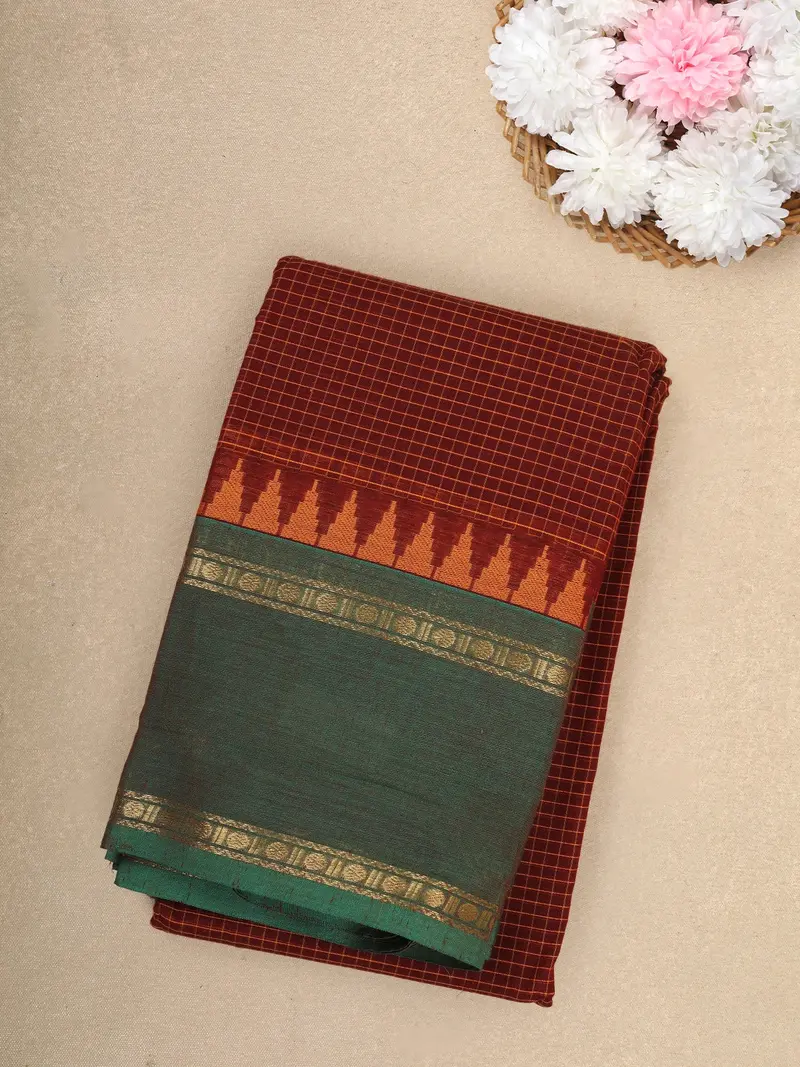 Rust Brown Checks Design Cotton Saree With Contrast Green Zari Woven Border 1