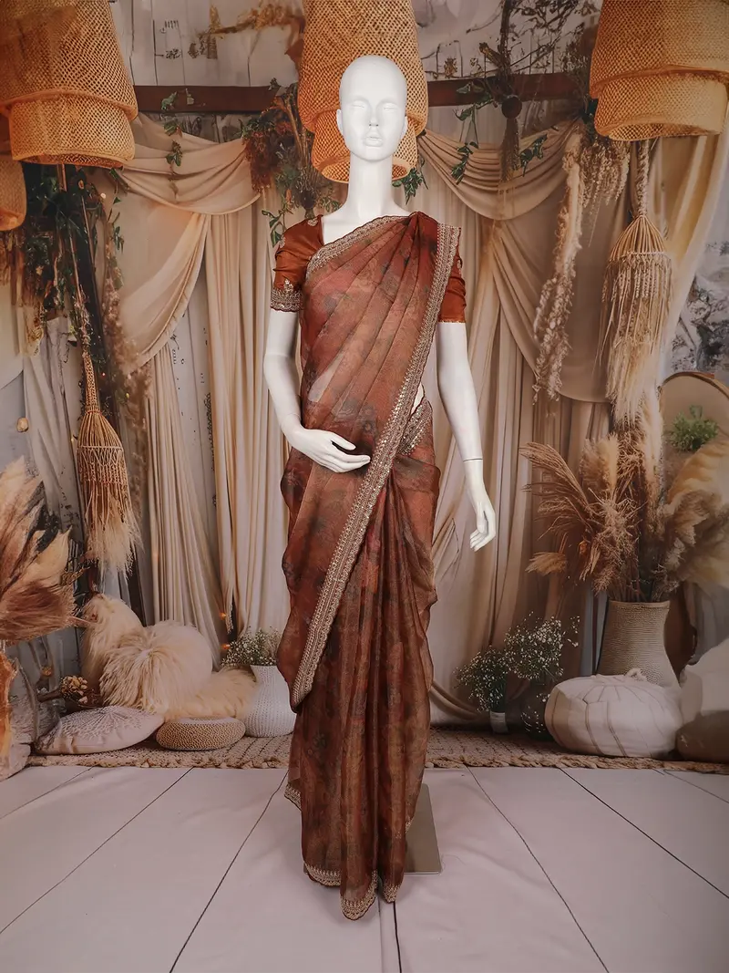 Rust Brown Floral Design Tissue Saree With Sequins Border 1
