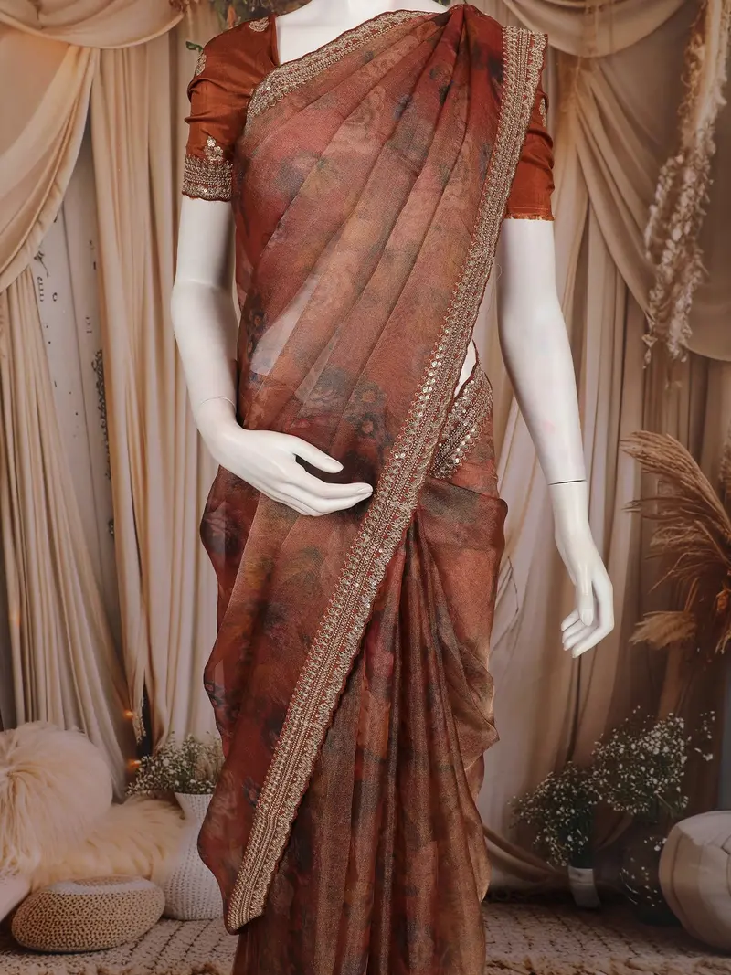 Rust Brown Floral Design Tissue Saree With Sequins Border 2