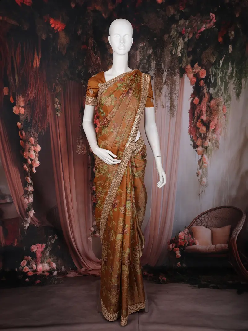Rust Brown Floral Printed Tissue Organza Saree With Embroidered Border 1