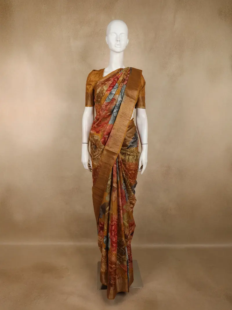 Rust Brown Floral Woven Design Pure Tussar Saree With Solid Border 1
