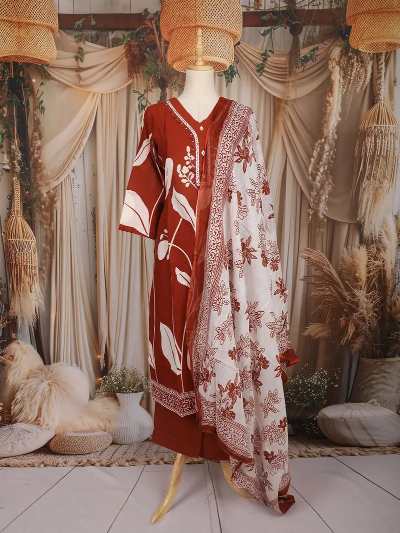 Rust Brown Leaf Printed Cotton Salwar Suit With Dupatta 1