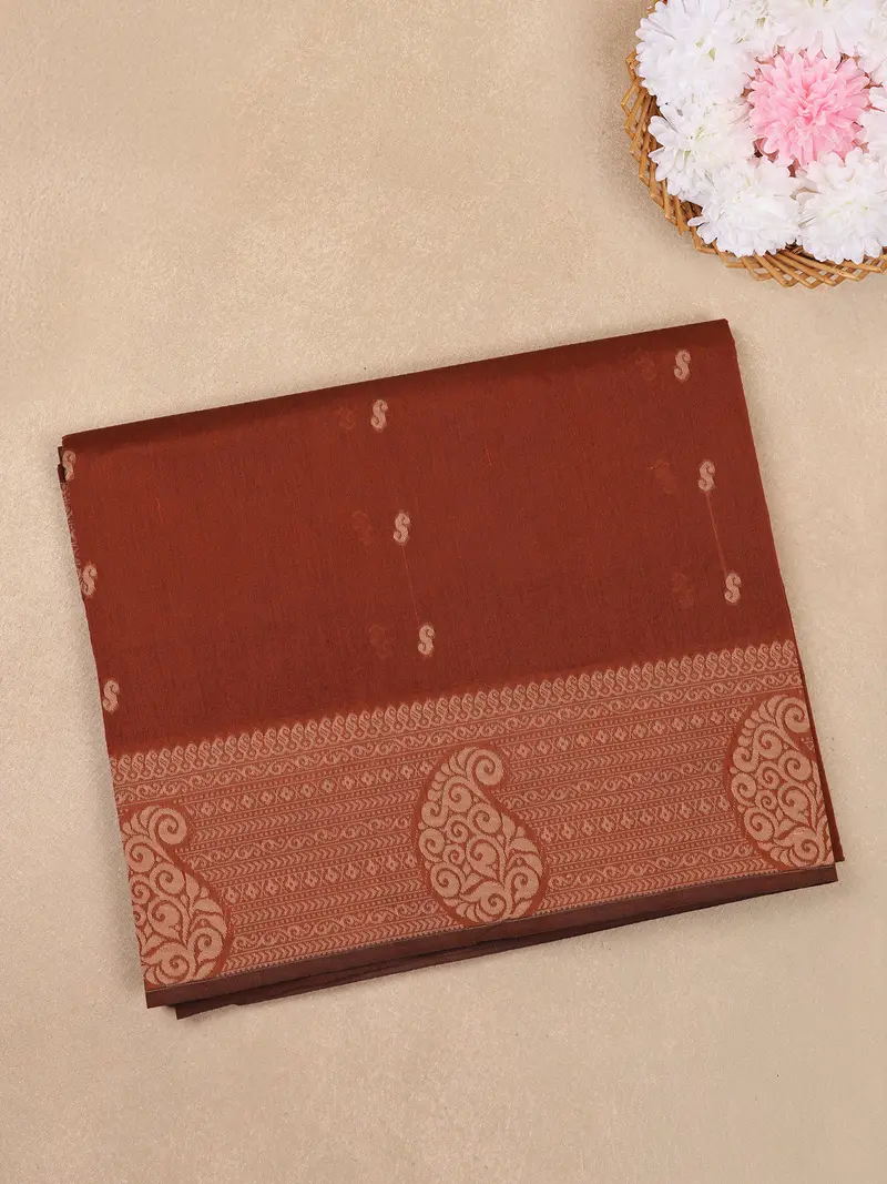 Rust Brown Paisley Butta Woven Design Cotton Saree With Self Border 1