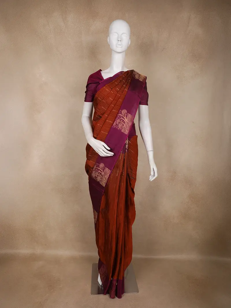 Rust Brown Stripes Design Soft Silk Fancy Wear Saree With Contrast Border 1