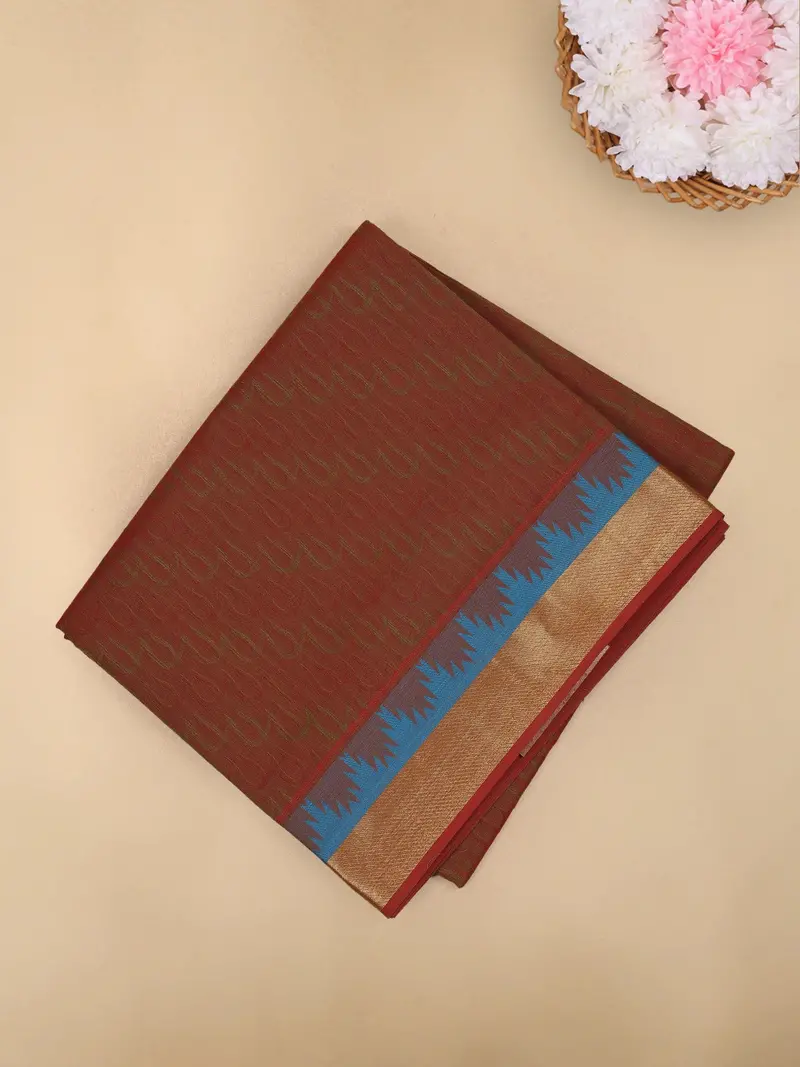 Rust Brown Wave Woven Design Cotton Saree 1