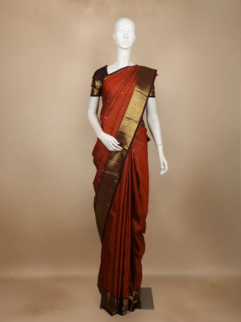 Rust Checked Woven Pure Kanchipuram Silk Saree With Zari Border 1