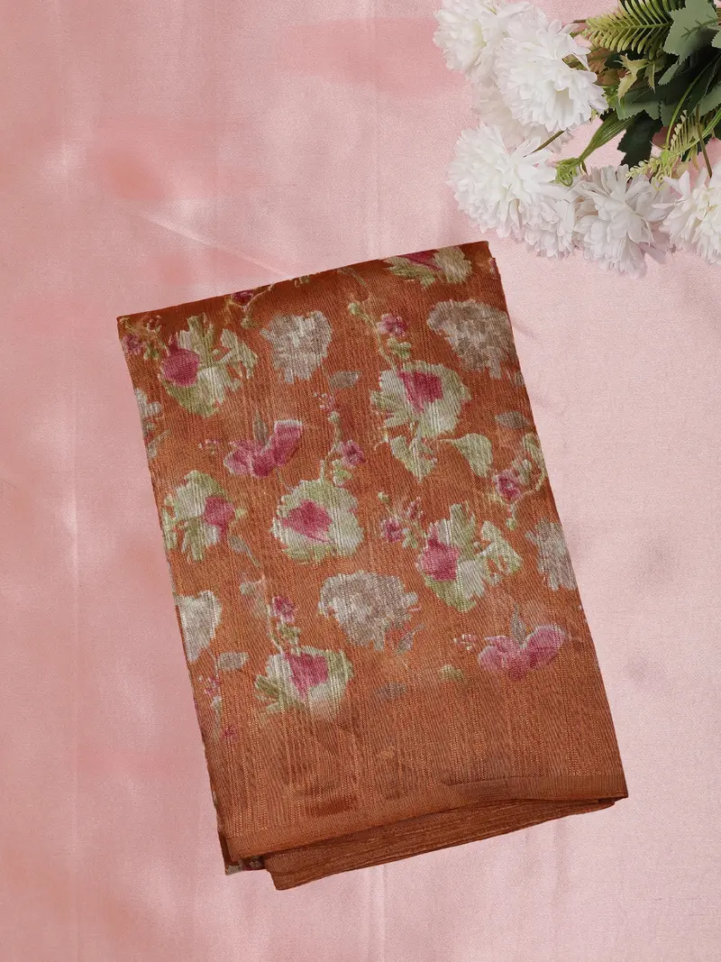 Rust Copper Brown Floral Printed Design Mixed Cotton Saree 1