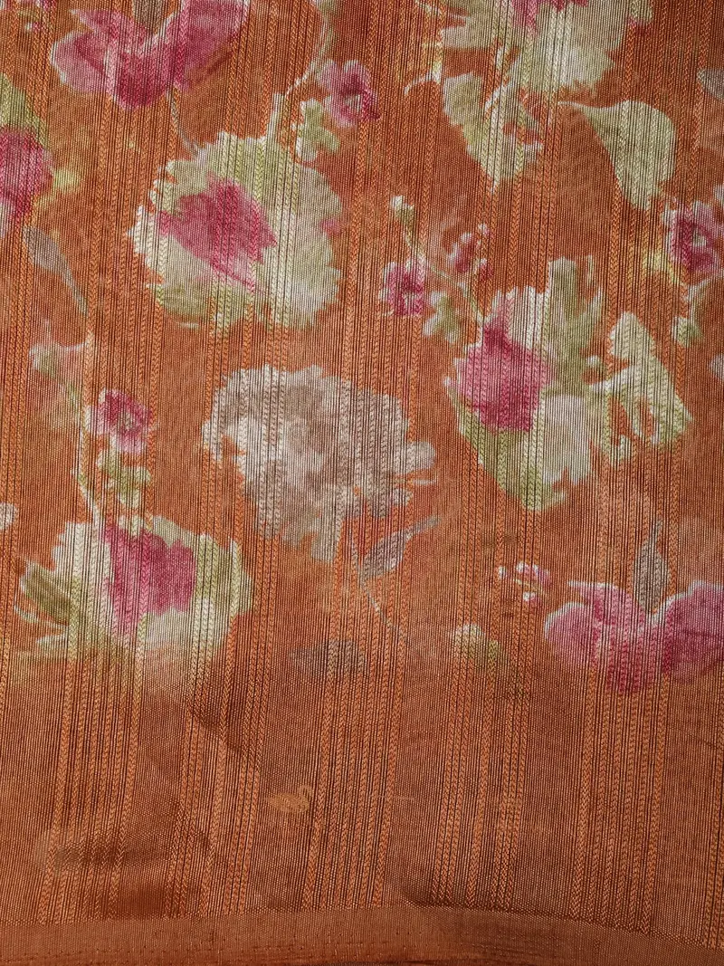 Rust Copper Brown Floral Printed Design Mixed Cotton Saree 2