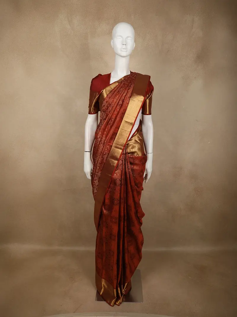 Rust Copper Orange And Deep Maroon Traditional Zari Woven Design Pure Kanchipuram Silk Saree With Zari Border 1
