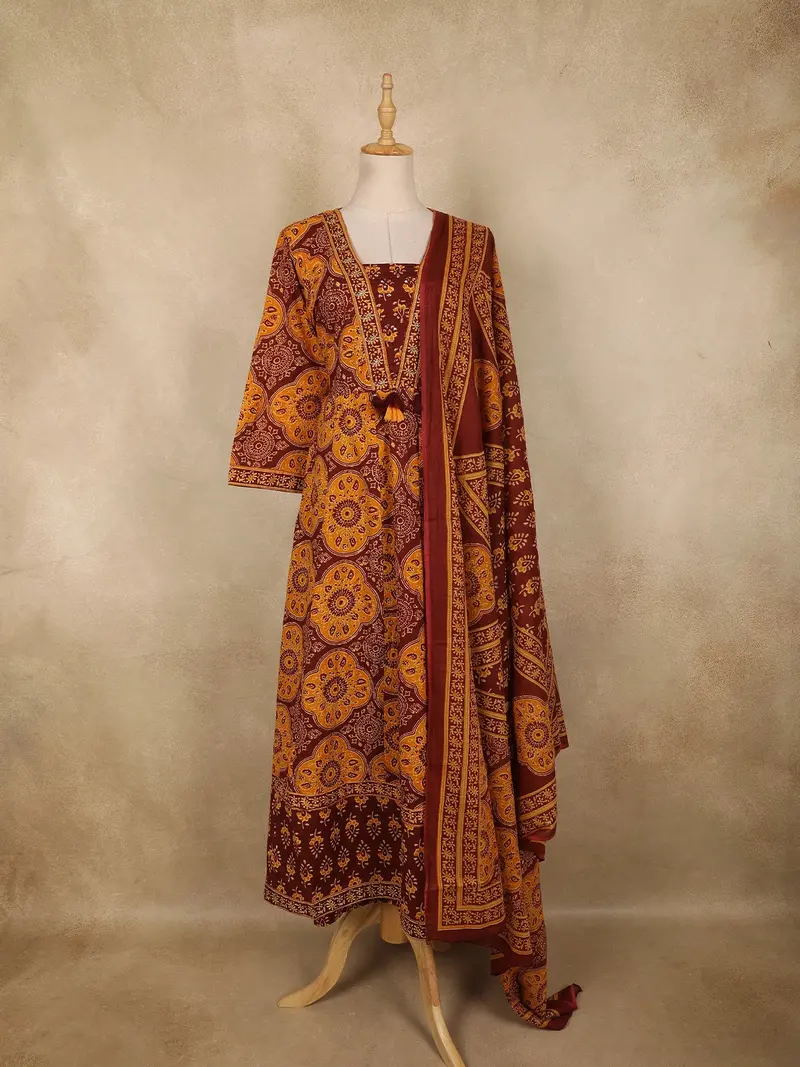 Rust Maroon Ajrakh Printed Design Cotton Anarkali Salwar Suit With Dupatta 1