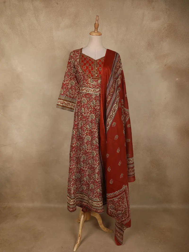 Rust Maroon Floral Printed Design Cotton Anarkali Salwar Suit With Dupatta 1