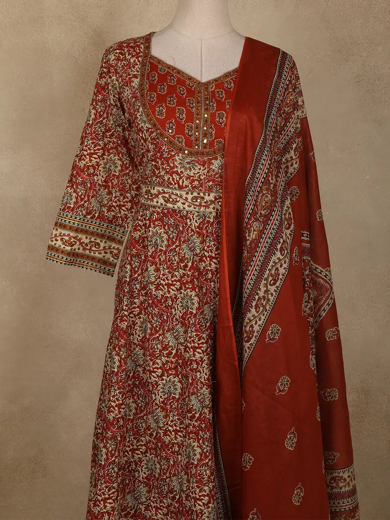 Rust Maroon Floral Printed Design Cotton Anarkali Salwar Suit With Dupatta 2
