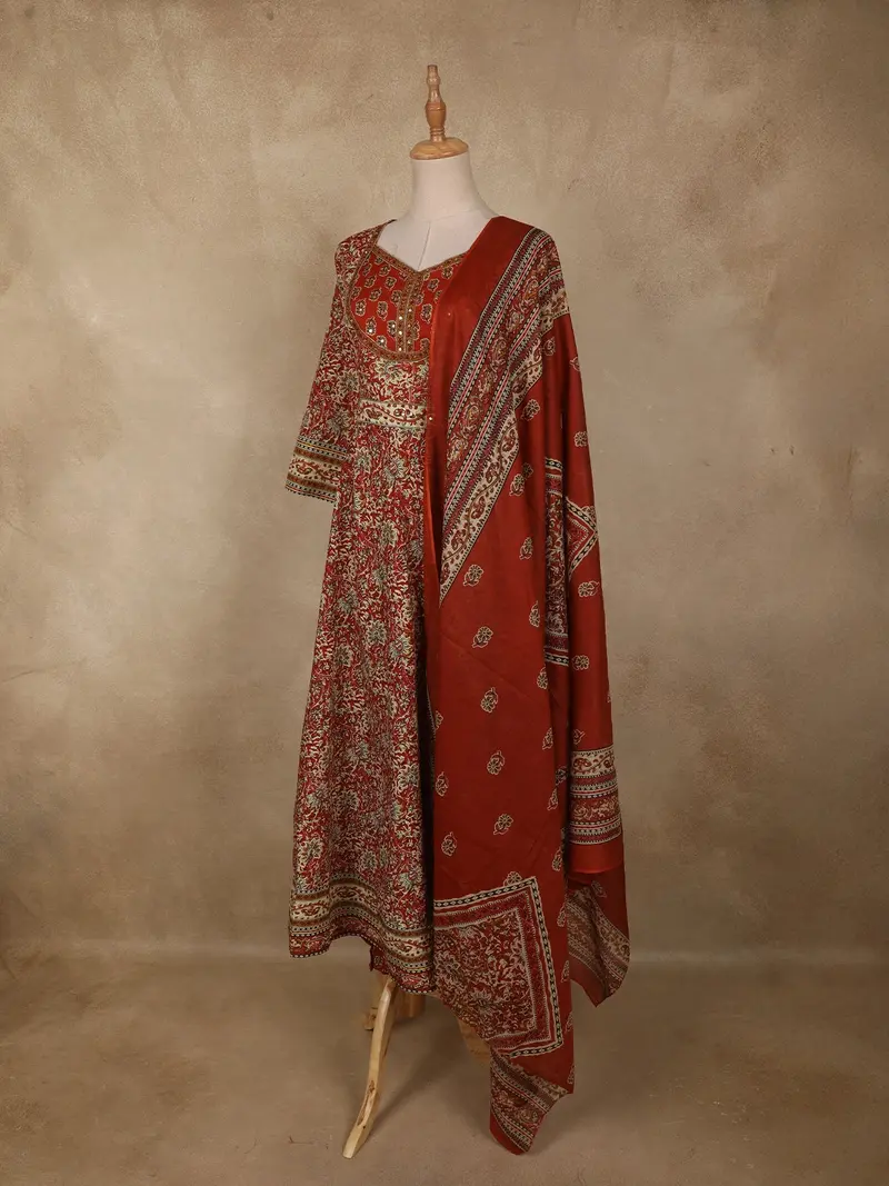 Rust Maroon Floral Printed Design Cotton Anarkali Salwar Suit With Dupatta 3