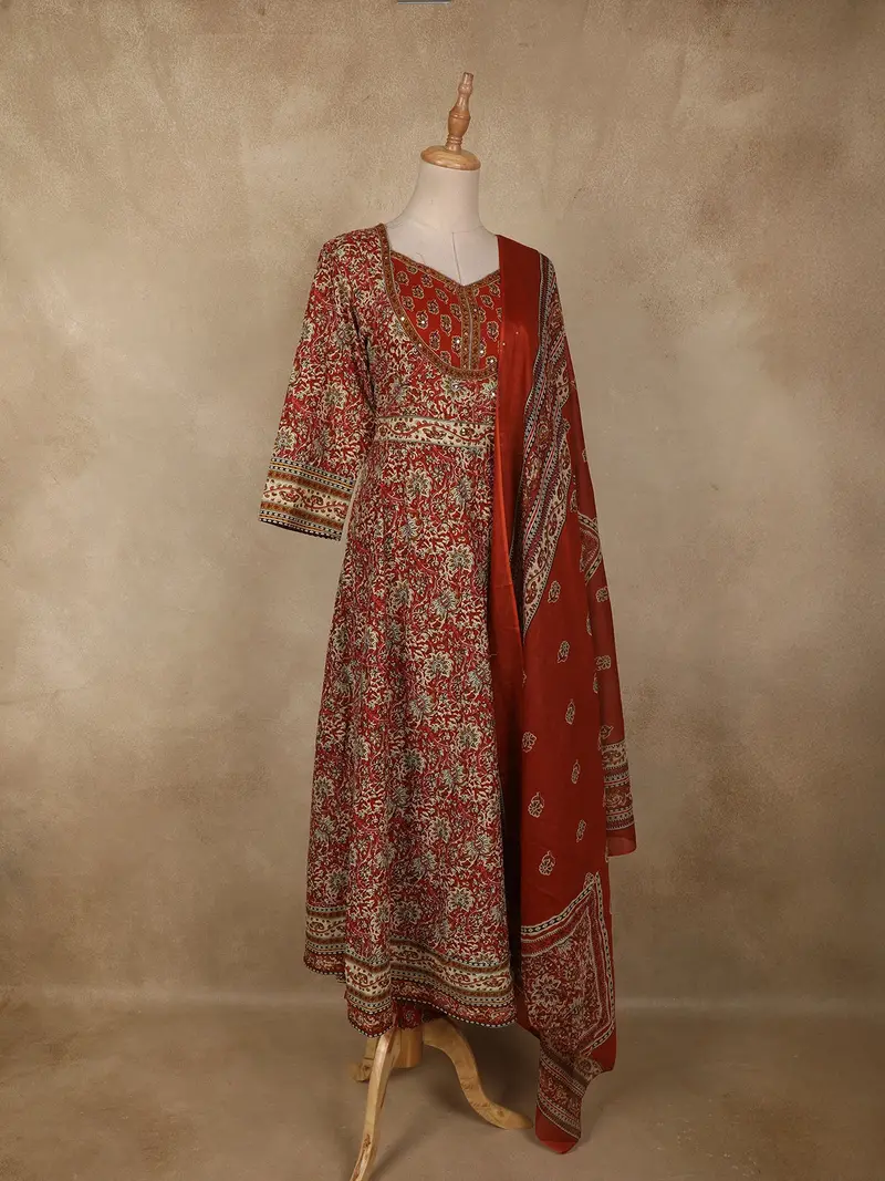 Rust Maroon Floral Printed Design Cotton Anarkali Salwar Suit With Dupatta 4