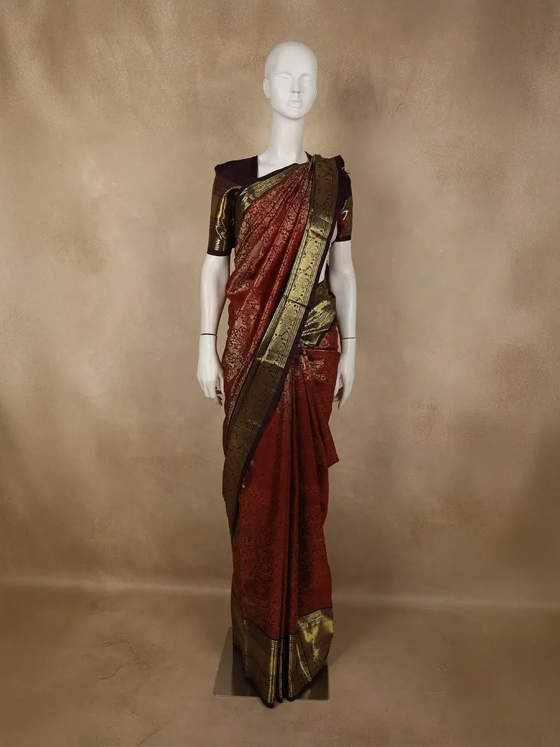 Rust Maroon Floral Zari Woven Design Pure Kanchipuram Silk Saree With Contrast Zari Border 1
