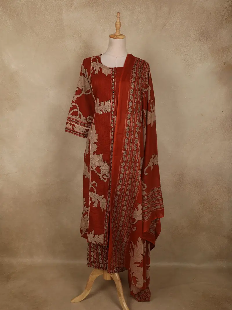 Rust Maroon Leaf Printed Design Cotton Salwar Suit With Dupatta 1
