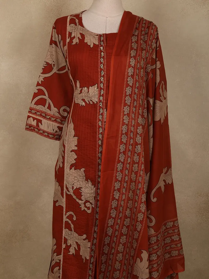 Rust Maroon Leaf Printed Design Cotton Salwar Suit With Dupatta 2
