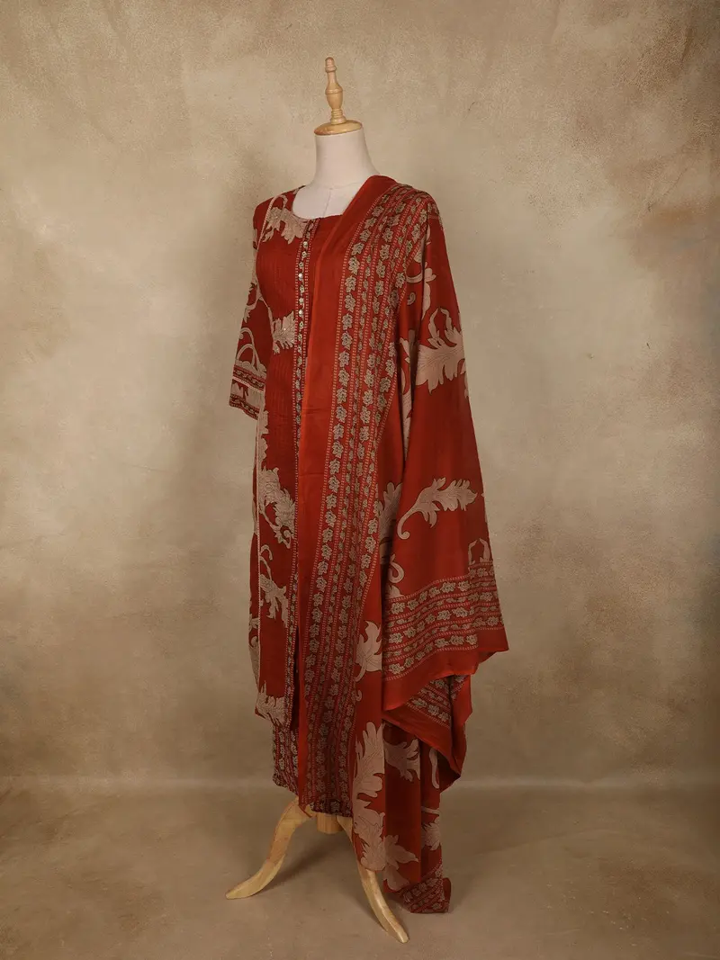Rust Maroon Leaf Printed Design Cotton Salwar Suit With Dupatta 3