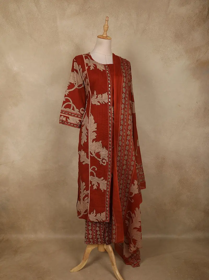 Rust Maroon Leaf Printed Design Cotton Salwar Suit With Dupatta 4