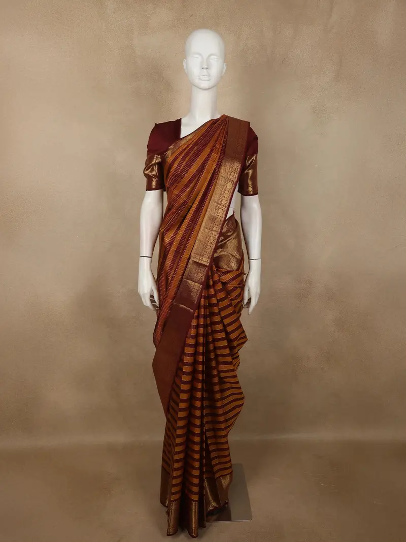 Rust Orange And Maroon Striped Zari Woven Design Pure Kanchipuram Silk Saree With Contrast Peacock Zari Border 1