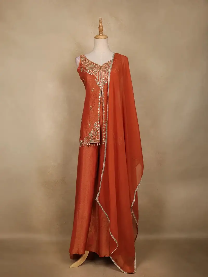 Rust Orange Bead Embroidery Design Silk Palazzo Suit 1
