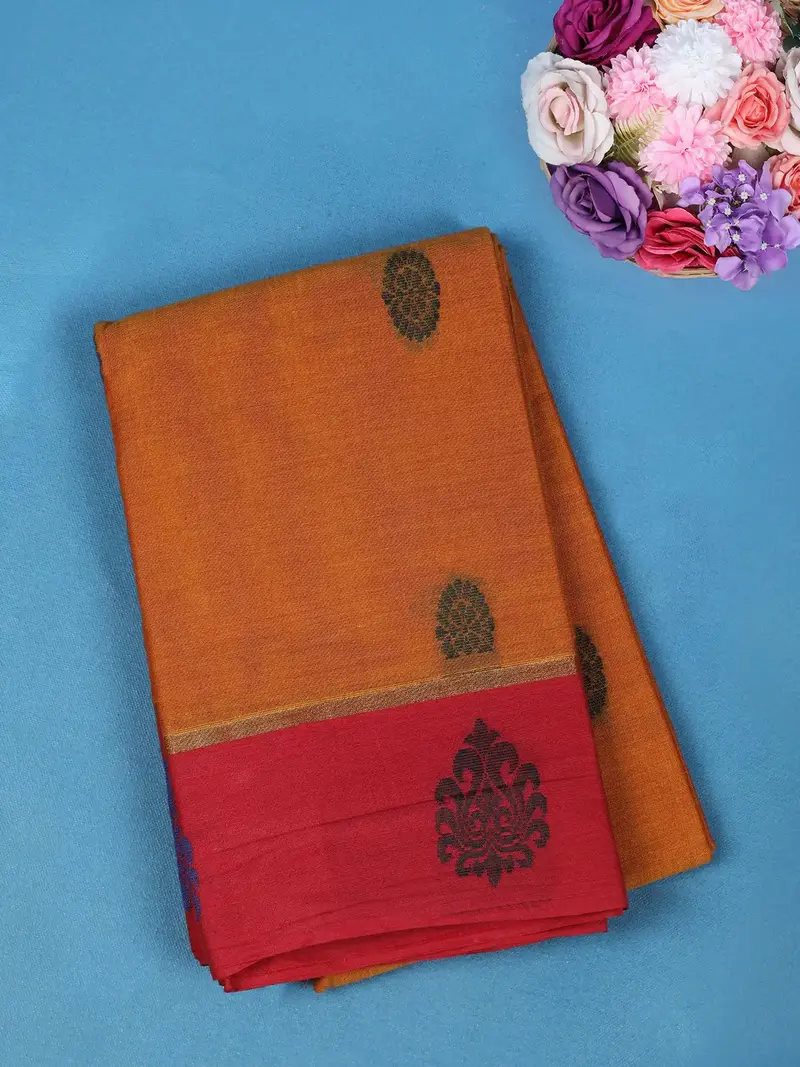 Rust Orange Butta Design Cotton Saree With Red Contrast Border 1