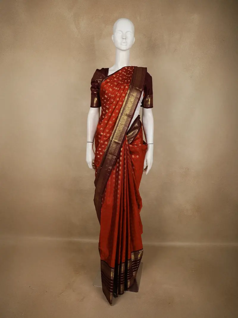 Rust Orange Butta Woven Design Pure Kanchipuram Silk Saree With Contrast Peacock Zari Border 1