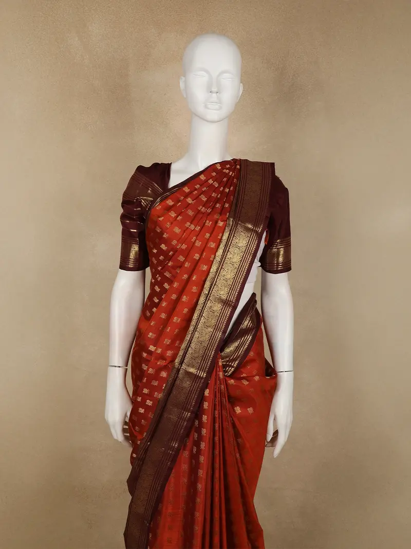Rust Orange Butta Woven Design Pure Kanchipuram Silk Saree With Contrast Peacock Zari Border 2