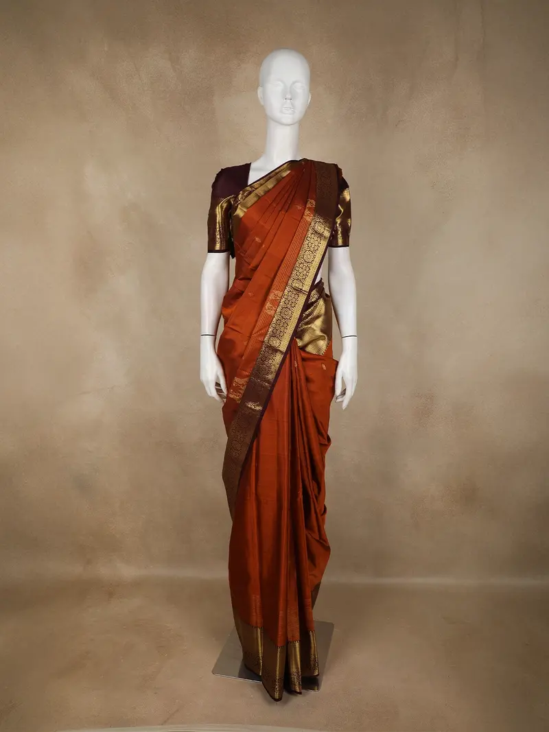 Rust Orange Butta Woven Design Pure Kanchipuram Silk Saree With Contrast Zari Border 1