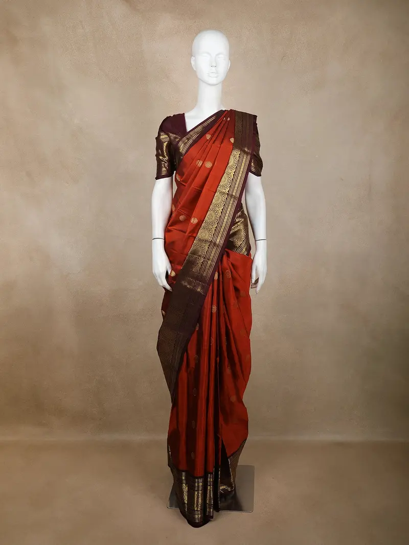 Rust Orange  Butta Woven Design Pure Kanchipuram Silk Saree With Contrast Zari Woven Border 1