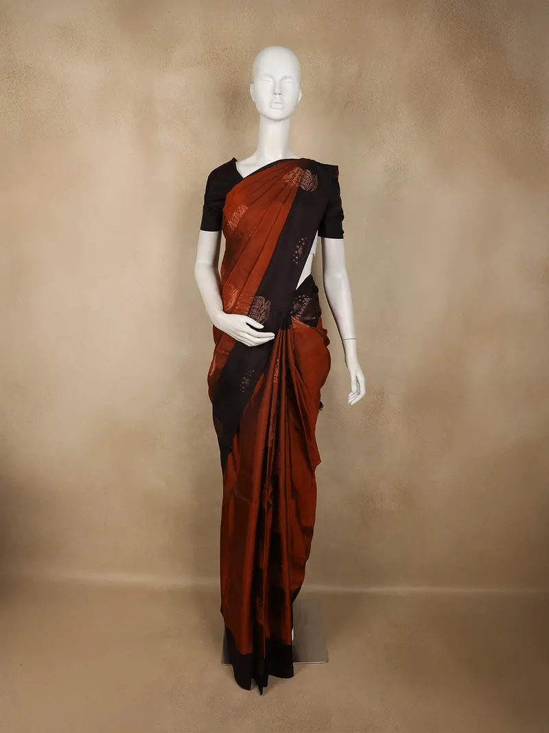 Rust Orange Butta Woven Design Soft Silk Fancy Saree With Contrast Border 1